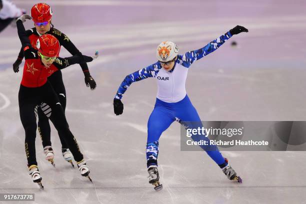 Sofia Prosvirnova of Olympic Athlete from Russia edges out Kexin Fan of China during the Ladies' 500m Short Track Speed Skating quarterfinal on day...