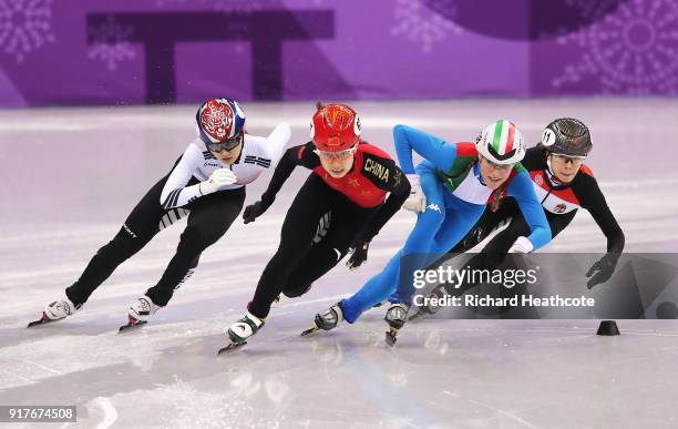 Minjeong Choi of Korea, Chunyu Qu of China, Martina Valcepina of Italy and Petra Jaszapati of Hungary compete during the Ladies' 500m Short Track...