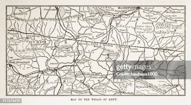 karte von kent und nachbarschaften, england viktorianischen gravur, 1840 - kent england stock-grafiken, -clipart, -cartoons und -symbole