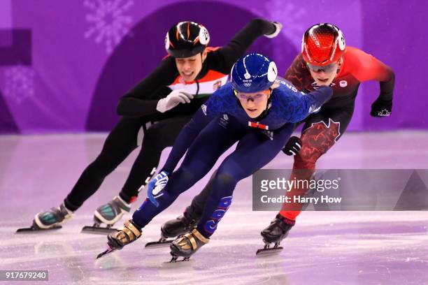 Elise Christie of Great Britain, Kim Boutin of Canada, Andrea Keszler of Hungary compete during the Ladies' 500m Short Track Speed Skating...