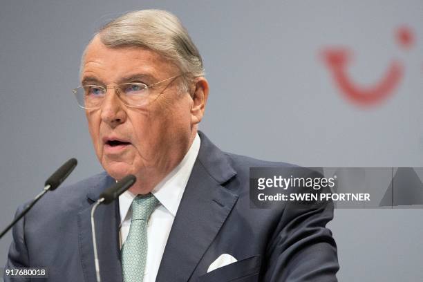 Klaus Mangold, Chairman of the board of German tourism giant TUI, speaks during the annual shareholders meeting on February 13, 2018 in the northern...