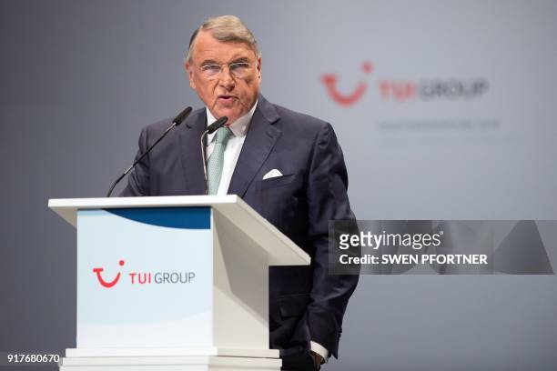 Klaus Mangold, Chairman of the board of German tourism giant TUI, speaks during the annual shareholders meeting on February 13, 2018 in the northern...