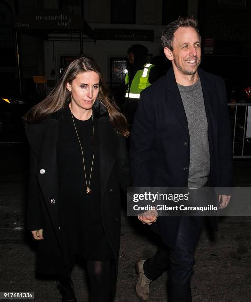 Host, comedian Seth Meyers and wife Alexi Ashe are seen arriving to the Carolina Herrera fashion show during New York Fashion Week at the Museum of...