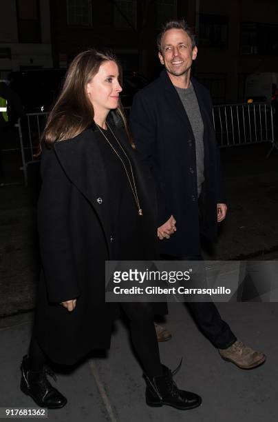 Host, comedian Seth Meyers and wife Alexi Ashe are seen arriving to the Carolina Herrera fashion show during New York Fashion Week at the Museum of...