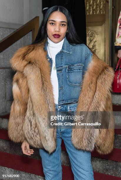 Aleali May is seen arriving to the Oscar de la Renta fashion show during New York Fashion Week at The Cunard Building on February 12, 2018 in New...