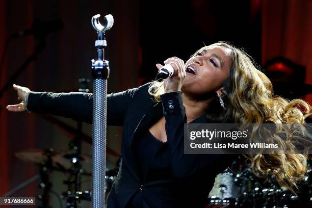 Jessica Mauboy performs during the Qatar Airways Canberra Launch gala dinner on February 13, 2018 in Canberra, Australia.