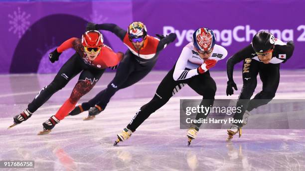 Daan Breeuwsma of the Netherlands, Charle Cournoyer of Canada, Hyojun Lim of Korea and Kazuki Yoshinaga of Japan compete during the Men's 1000m Short...