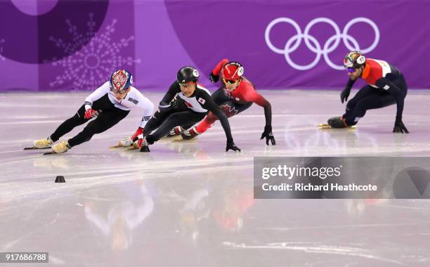 Daan Breeuwsma of the Netherlands, Charle Cournoyer of Canada, Hyojun Lim of Korea and Kazuki Yoshinaga of Japan compete during the Men's 1000m Short...