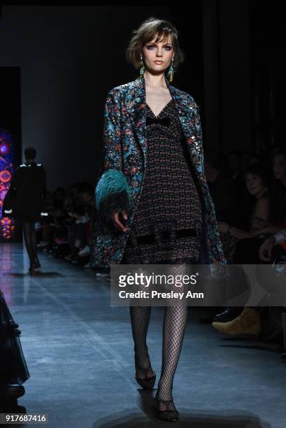 Fran Summers walks the runway at Anna Sui - Runway - February 2018 - New York Fashion Week: at Spring Studios on February 12, 2018 in New York City.