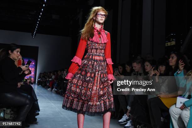 Model walks the runway at Anna Sui - Runway - February 2018 - New York Fashion Week: at Spring Studios on February 12, 2018 in New York City.