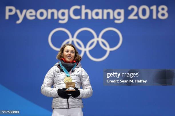 Gold medalist Laura Dahlmeier of Germany poses during the medal ceremony after the Women's Biathlon 10km Pursuit on day four of the PyeongChang 2018...