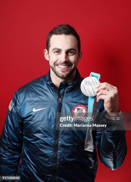 Silver medalist in the Luge Men's Singles Chris Mazdzer of the United States poses for a portrait on the Today Show Set on February 12, 2018 in...