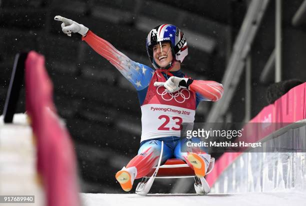 Emily Sweeney of the United States reacts following the Luge Women's Singles run 3 on day four of the PyeongChang 2018 Winter Olympic Games at...