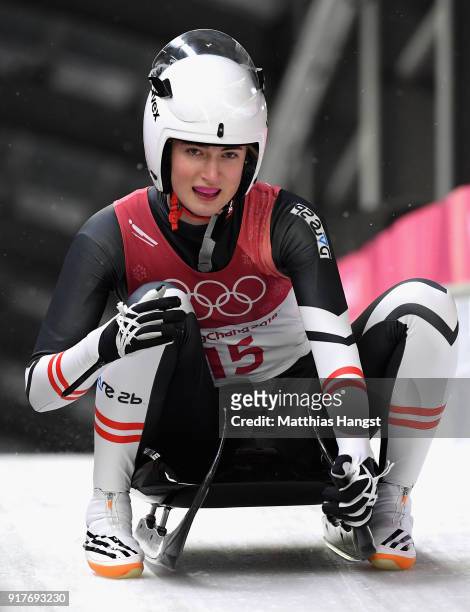 Madeleine Egle of Austria reacts following the Luge Women's Singles run 3 on day four of the PyeongChang 2018 Winter Olympic Games at Olympic Sliding...
