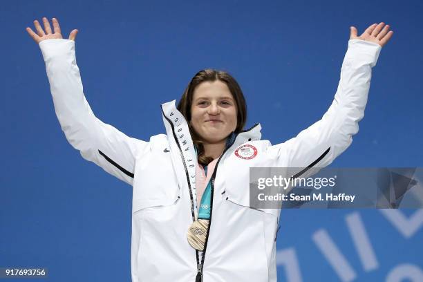 Bronze medalist Arielle Gold of the United States poses during the medal ceremony for the Snowboard Ladies' Halfpipe Final on day four of the...