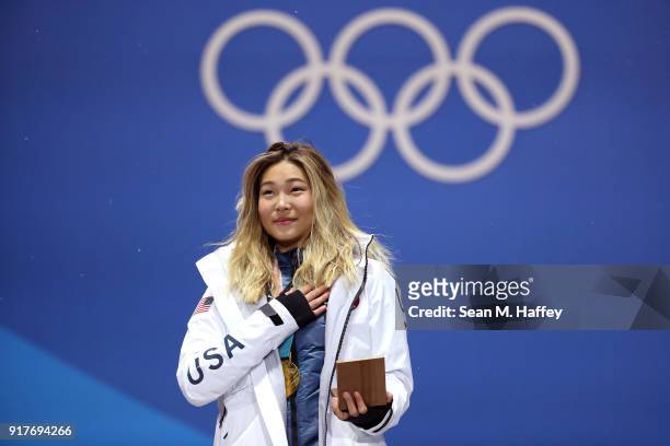 Gold medalist Chloe Kim of the United States poses during the medal ceremony for the Snowboard Ladies' Halfpipe Final on day four of the PyeongChang...