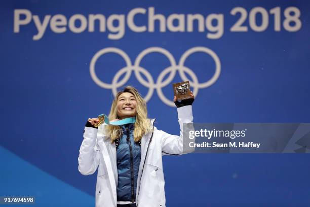 Gold medalist Chloe Kim of the United States poses during the medal ceremony for the Snowboard Ladies' Halfpipe Final on day four of the PyeongChang...