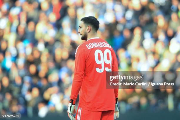 Gianluigi Donnarumma of AC Milan looks on during the serie A match between Spal and AC Milan at Stadio Paolo Mazza on February 10, 2018 in Ferrara,...