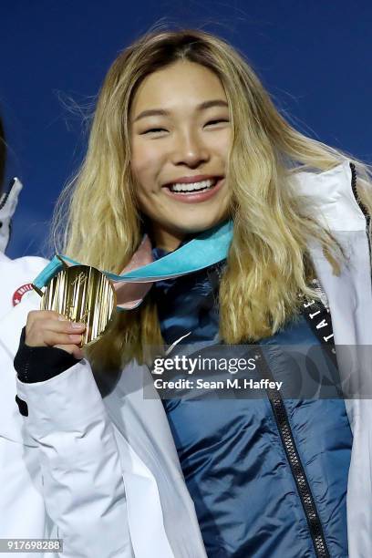 Gold medalist Chloe Kim of the United States poses during the medal ceremony for the Snowboard Ladies' Halfpipe Final on day four of the PyeongChang...