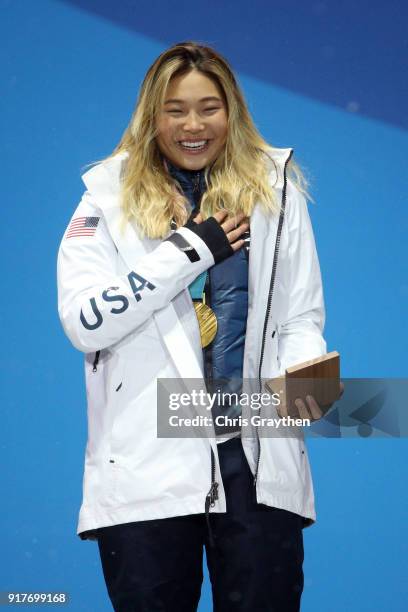 Gold medalist Chloe Kim of the United States poses during the medal ceremony for the Snowboard Ladies' Halfpipe Final on day four of the PyeongChang...