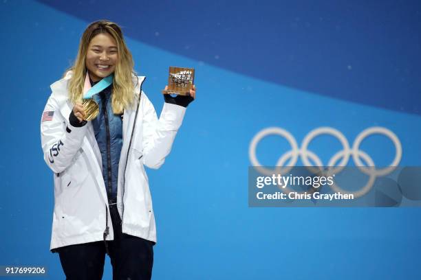 Gold medalist Chloe Kim of the United States poses during the medal ceremony for the Snowboard Ladies' Halfpipe Final on day four of the PyeongChang...