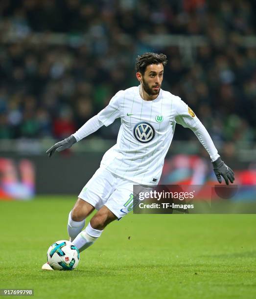 Yunus Malli of Wolfsburg "ncontrols the ball during "nthe Bundesliga match between SV Werder Bremen and VfL Wolfsburg at Weserstadion on February 11,...