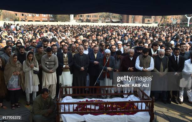 Pakistani mourners offer funeral prayers for lawyer and rights advocate Asma Jahangir during her funeral in Lahore on February 13, 2018.Pakistan bid...