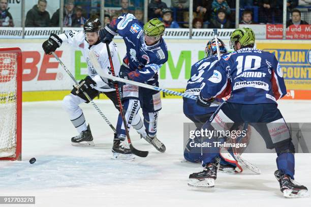 John Mitchell of Nuernberg scores the team`s first goal during the DEL match between Iserlohn Roosters and Thomas Sabo Ice Tigers at Eissporthalle...