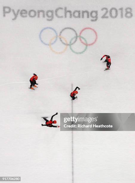 Team China celebrates an Olympic record during the Men's 5000m Relay Short Track Speed Skating heat 1 on day four of the PyeongChang 2018 Winter...