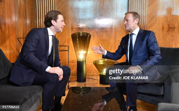 Austrian Chancellor Sebastian Kurz talks with European Council President Donald Tusk on February 13, 2018 at the Chancellery in Vienna. They meet to...