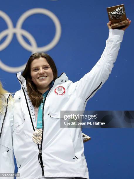 Bronze medalist Arielle Gold of the United States poses during the medal ceremony for the Snowboard Ladies' Halfpipe Final on day four of the...
