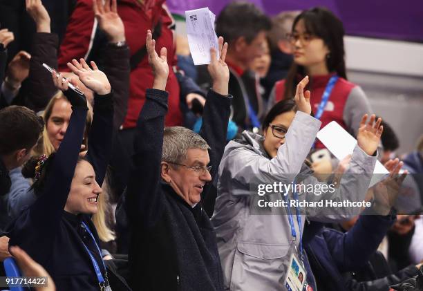 President Thomas Bach watches the Ladies' 500m Short Track Speed Skating on day four of the PyeongChang 2018 Winter Olympic Games at Gangneung Ice...