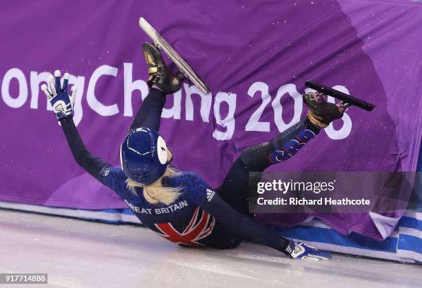 Elise Christie of Great Britain crashes during the Ladies' 500m Short Track Speed Skating final on day four of the PyeongChang 2018 Winter Olympic...