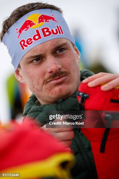 Anton Palzer of Germany reacts after the Individual race of the Hochkoenig Erztrophy Skimountaineering competition on February 05, 2017 in...