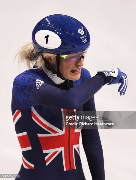 Elise Christie of Great Britain reacts after crashing during the Ladies' 500m Short Track Speed Skating final on day four of the PyeongChang 2018...