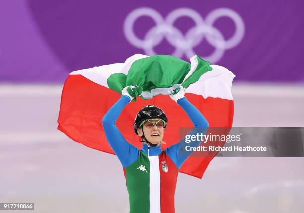 Arianna Fontana of Italy celebrates after winning the gold medal in the Ladies' 500m Short Track Speed Skating final on day four of the PyeongChang...