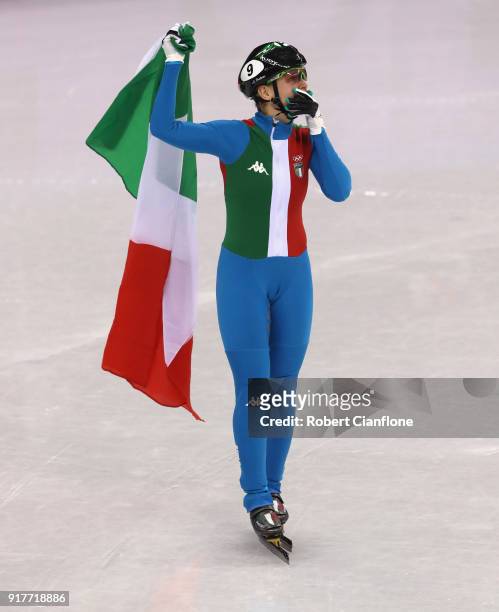 Arianna Fontana of Italy celebrates after winning the Ladies' 500m Short Track Speed Skating final on day four of the PyeongChang 2018 Winter Olympic...