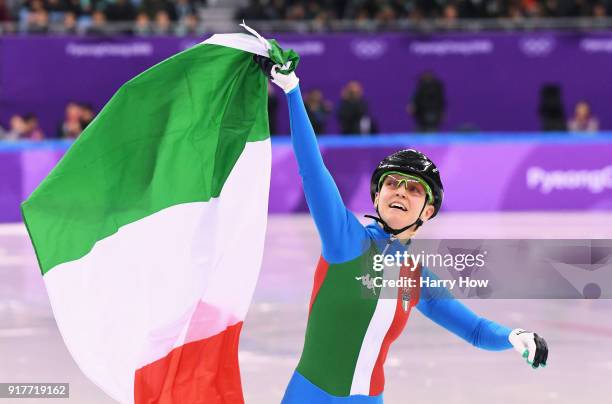 Arianna Fontana of Italy celebrates winning the gold medal in the Ladies' 500m Short Track Speed Skating final on day four of the PyeongChang 2018...