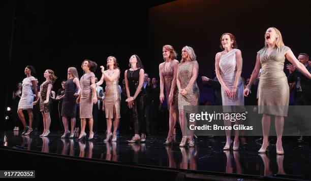 The Female Ensemble take the curtain call at the "Thoroughly Modern Millie" 15th Anniversary Reunion Concert at The Minskoff Theater on February 12,...