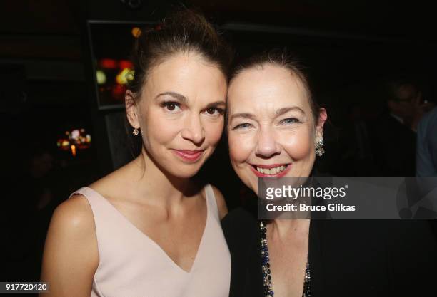 Sutton Foster and Harriet Harris pose at the "Thoroughly Modern Millie" 15th Anniversary Reunion Concert After Party at Opry City Stage on February...