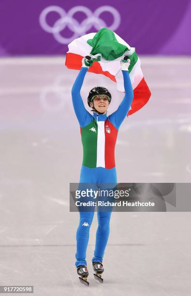 Arianna Fontana of Italy celebrates after winning the gold medal in the Ladies' 500m Short Track Speed Skating final on day four of the PyeongChang...