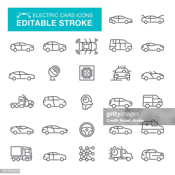 stockillustraties, clipart, cartoons en iconen met elektrische auto's bewerkbare beroerte pictogrammen - klassieke auto