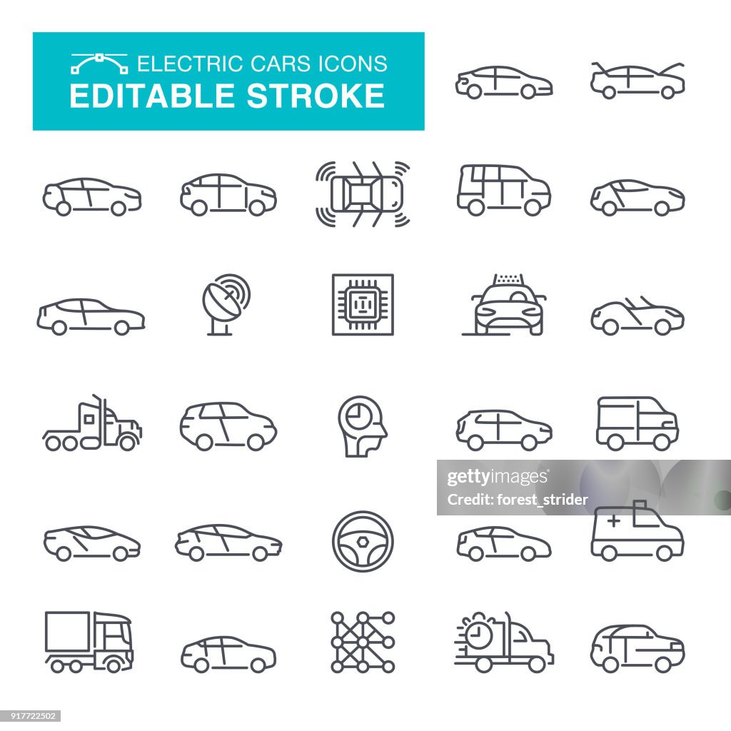 Electric Cars Editable Stroke Icons