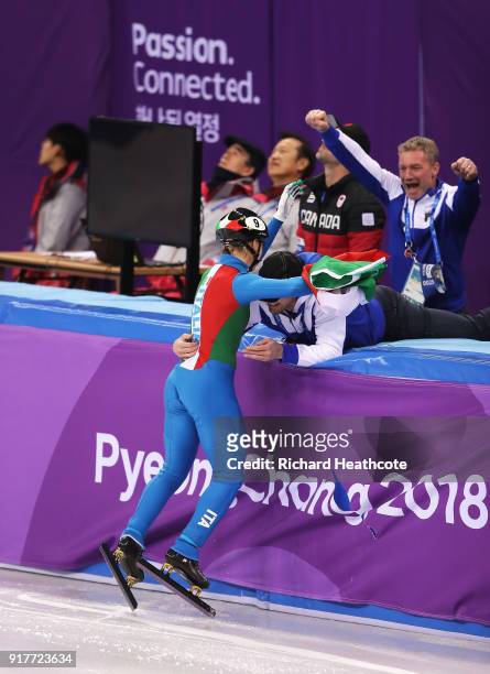 Arianna Fontana of Italy celebrates winning the gold medal in the Ladies' 500m Short Track Speed Skating final on day four of the PyeongChang 2018...