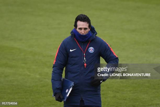 Paris Saint-Germain's Spanish headcoach Unai Emery attends a training session at in Saint-Germain-en-Laye, on February 13, 2018 on the eve of the...