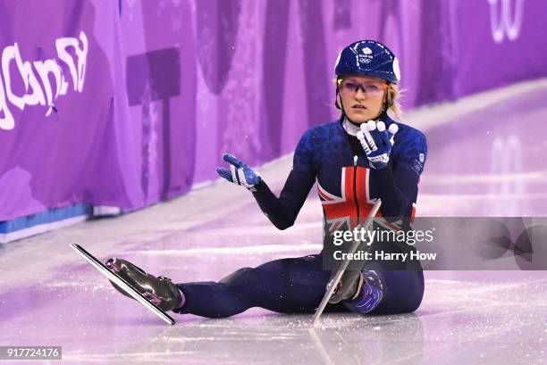 Elise Christie of Great Britain reacts after falling during the Ladies' 500m Short Track Speed Skating final on day four of the PyeongChang 2018...