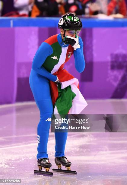 Arianna Fontana of Italy celebrates after winning the gold medal in the Ladies' 500m Short Track Speed Skating final on day four of the PyeongChang...