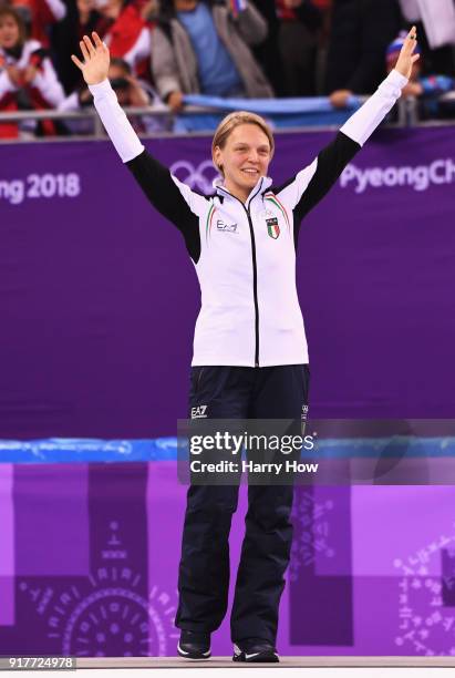 Gold medalist Arianna Fontana of Italy celebrates during the victory ceremony after the Ladies' 500m Short Track Speed Skating final on day four of...