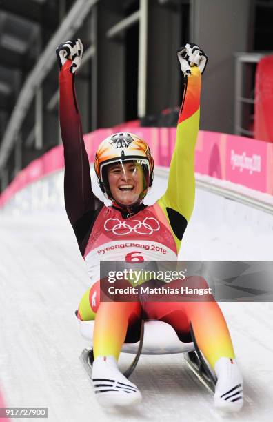 Natalie Geisenberger of Germany celebrates winning the gold medal during the Luge Women's Singles on day four of the PyeongChang 2018 Winter Olympic...