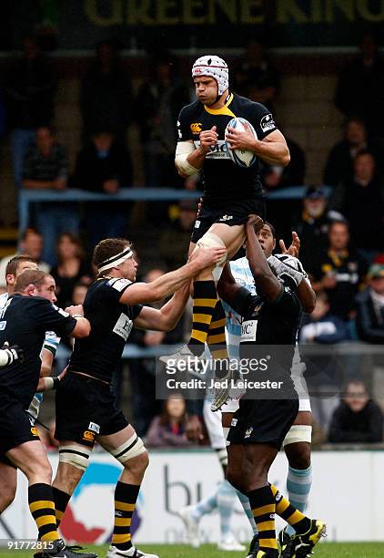 Wasps' Dan Ward-Smith catches the ball at the line out during the Amlin Challenge Cup match between London Wasps and Racing Metro 92 at the Causeway...